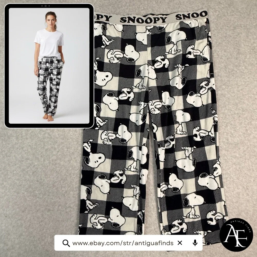Peanuts Snoopy Pajama Pants Womens Medium Buffalo Plaid Black/White Fleece Pants